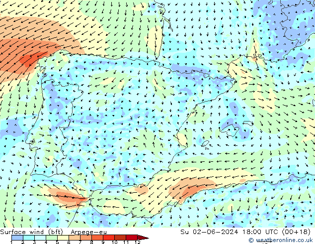 Surface wind (bft) Arpege-eu Ne 02.06.2024 18 UTC