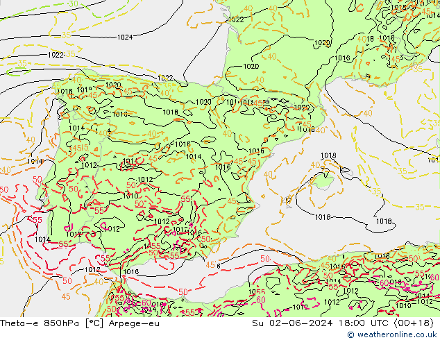 Theta-e 850hPa Arpege-eu Ne 02.06.2024 18 UTC
