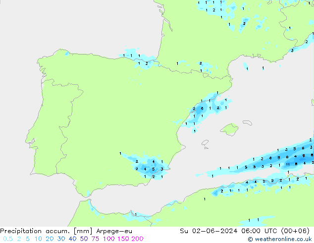 Totale neerslag Arpege-eu zo 02.06.2024 06 UTC