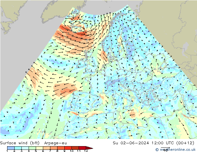 ве�Bе�@ 10 m (bft) Arpege-eu Вс 02.06.2024 12 UTC