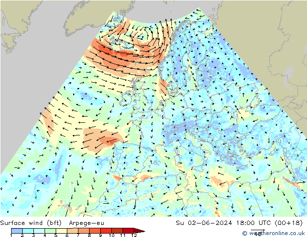 Surface wind (bft) Arpege-eu Su 02.06.2024 18 UTC