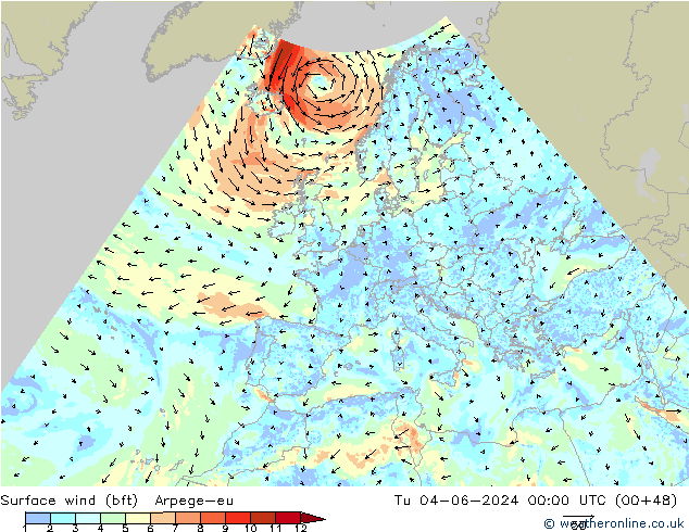 Surface wind (bft) Arpege-eu Tu 04.06.2024 00 UTC