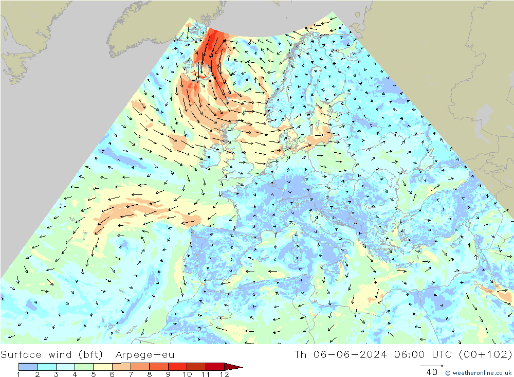 wiatr 10 m (bft) Arpege-eu czw. 06.06.2024 06 UTC