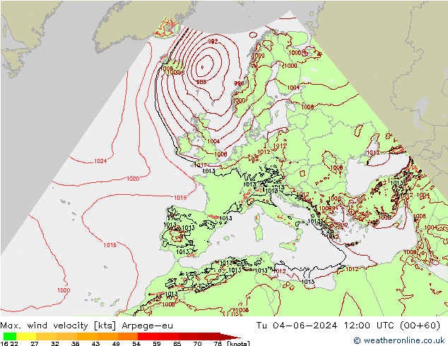 Max. wind velocity Arpege-eu mar 04.06.2024 12 UTC