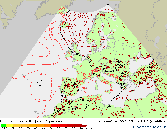 Max. wind velocity Arpege-eu mer 05.06.2024 18 UTC