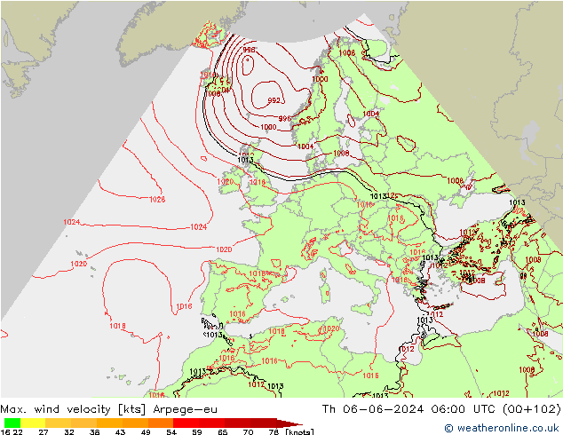 Max. wind velocity Arpege-eu Th 06.06.2024 06 UTC