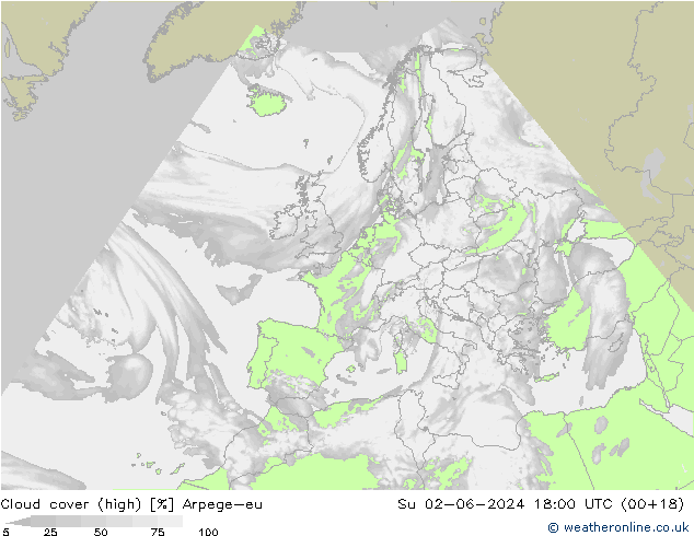 Cloud cover (high) Arpege-eu Su 02.06.2024 18 UTC