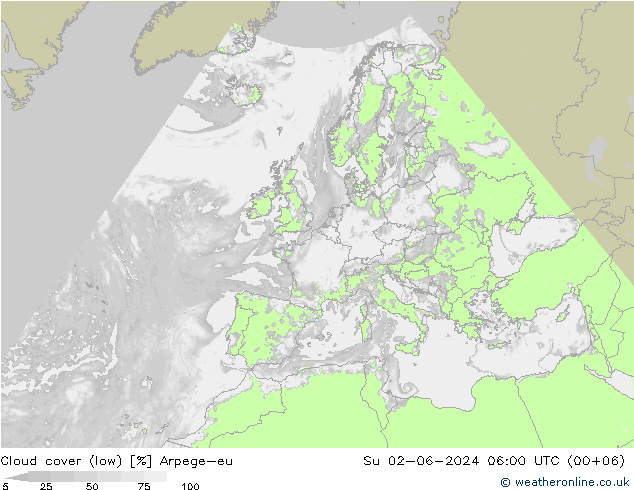 Cloud cover (low) Arpege-eu Su 02.06.2024 06 UTC