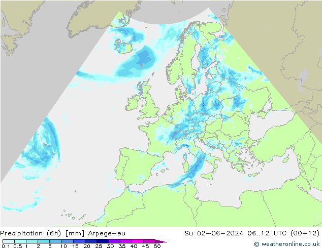 Précipitation (6h) Arpege-eu dim 02.06.2024 12 UTC