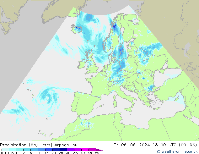 Precipitation (6h) Arpege-eu Čt 06.06.2024 00 UTC