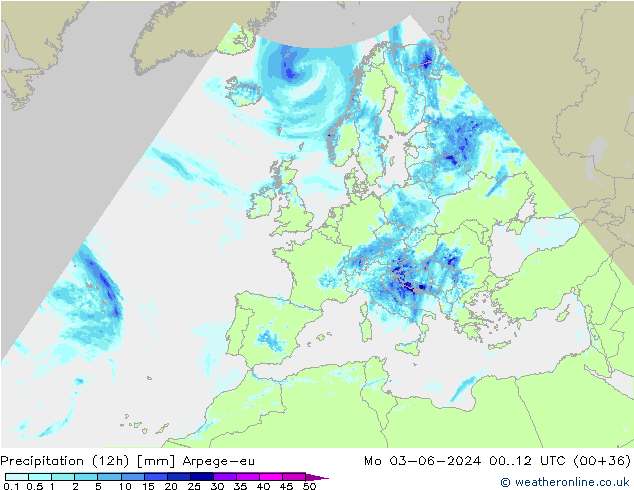 Precipitazione (12h) Arpege-eu lun 03.06.2024 12 UTC