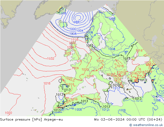 地面气压 Arpege-eu 星期一 03.06.2024 00 UTC