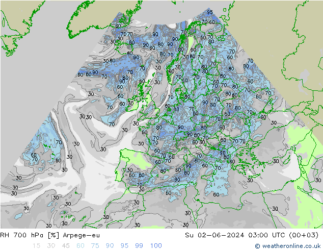 RH 700 hPa Arpege-eu Su 02.06.2024 03 UTC