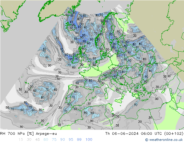 RH 700 hPa Arpege-eu czw. 06.06.2024 06 UTC