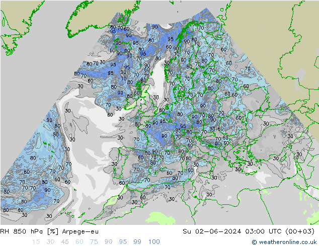 RH 850 hPa Arpege-eu nie. 02.06.2024 03 UTC