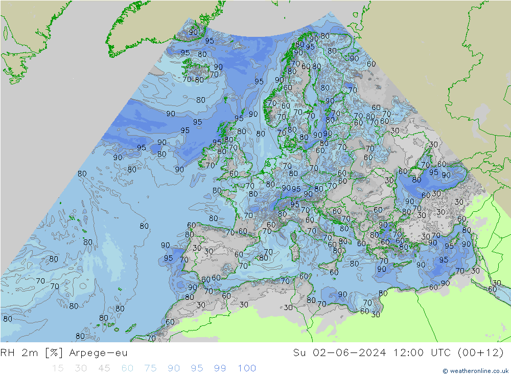 RH 2m Arpege-eu Su 02.06.2024 12 UTC