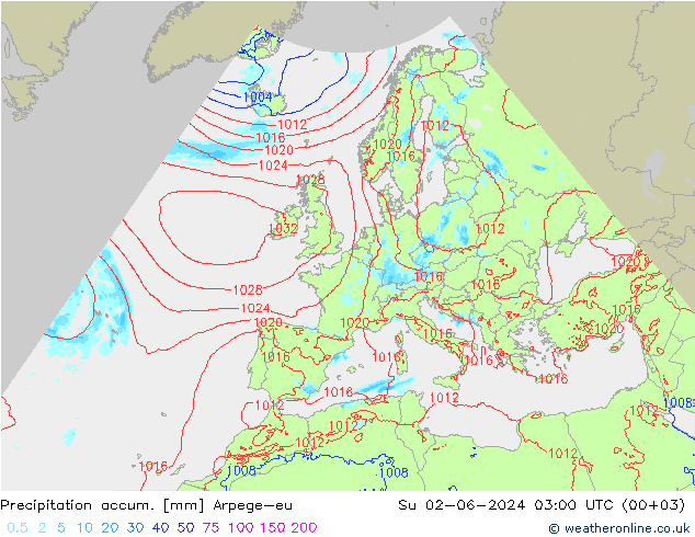 Precipitation accum. Arpege-eu Вс 02.06.2024 03 UTC