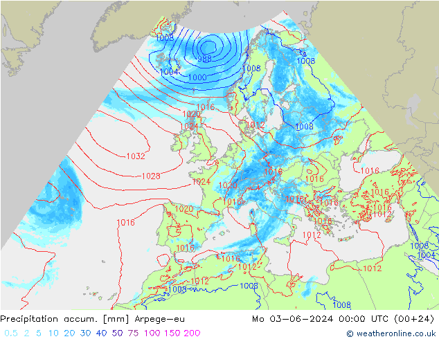 Precipitation accum. Arpege-eu 星期一 03.06.2024 00 UTC