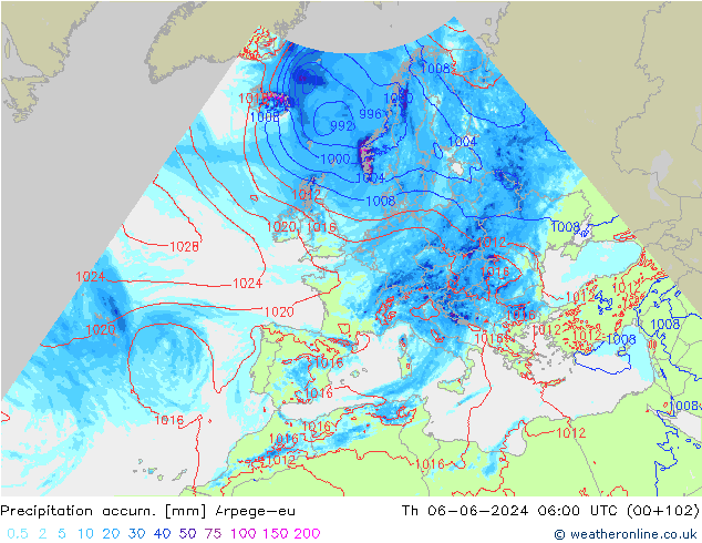 Precipitation accum. Arpege-eu Čt 06.06.2024 06 UTC