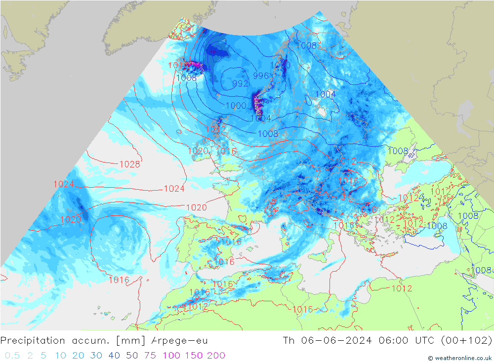 Precipitation accum. Arpege-eu чт 06.06.2024 06 UTC