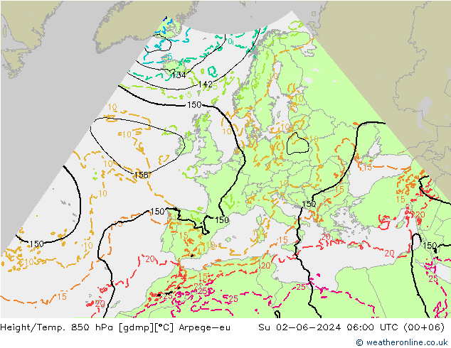 Hoogte/Temp. 850 hPa Arpege-eu zo 02.06.2024 06 UTC