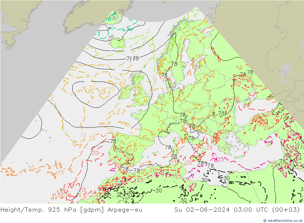 Height/Temp. 925 гПа Arpege-eu Вс 02.06.2024 03 UTC