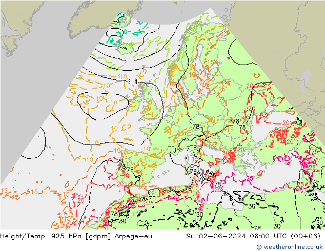 Height/Temp. 925 hPa Arpege-eu nie. 02.06.2024 06 UTC