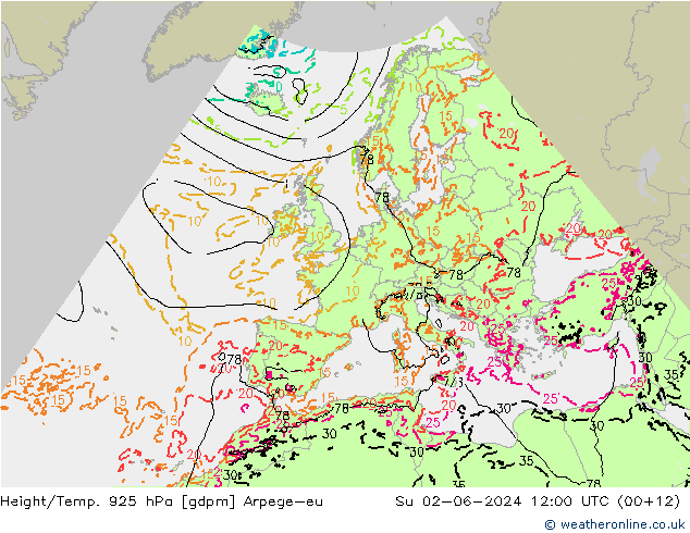 Hoogte/Temp. 925 hPa Arpege-eu zo 02.06.2024 12 UTC