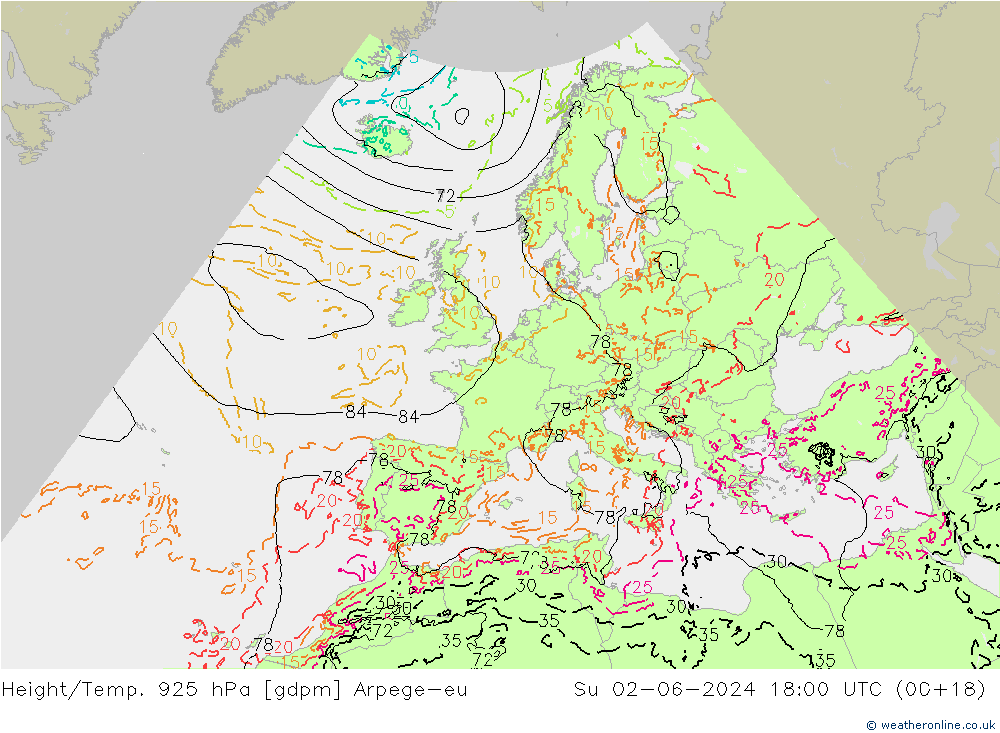 Height/Temp. 925 hPa Arpege-eu Su 02.06.2024 18 UTC
