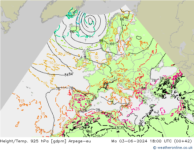 Height/Temp. 925 hPa Arpege-eu Mo 03.06.2024 18 UTC