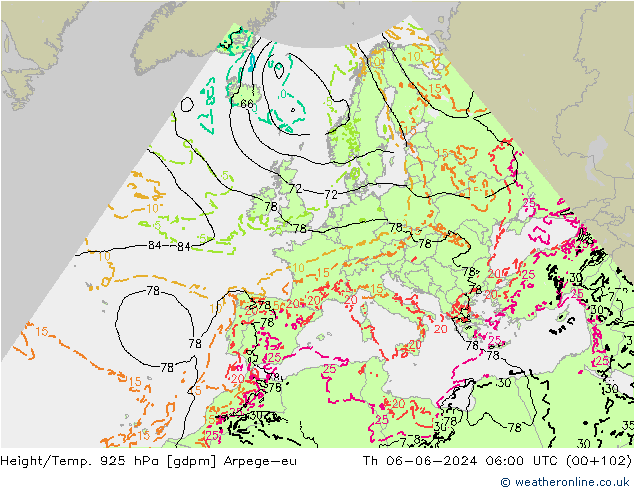 Height/Temp. 925 hPa Arpege-eu Čt 06.06.2024 06 UTC