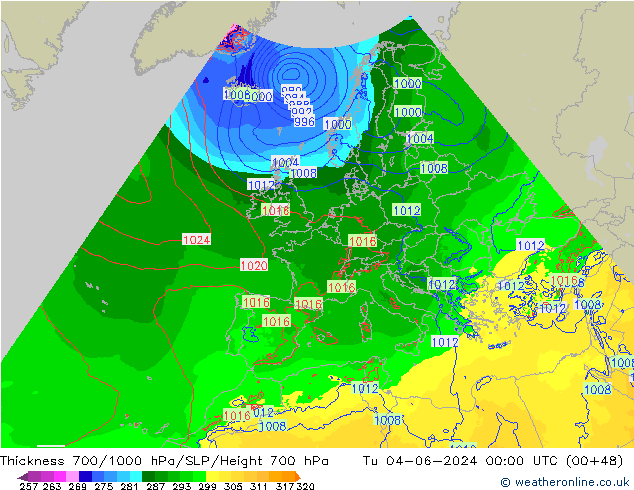 Schichtdicke 700-1000 hPa Arpege-eu Di 04.06.2024 00 UTC