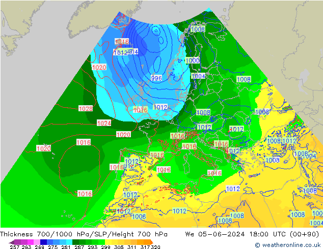 Dikte700-1000 hPa Arpege-eu wo 05.06.2024 18 UTC