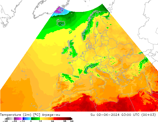 Sıcaklık Haritası (2m) Arpege-eu Paz 02.06.2024 03 UTC