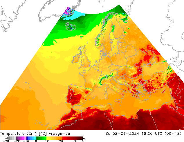 Temperature (2m) Arpege-eu Ne 02.06.2024 18 UTC