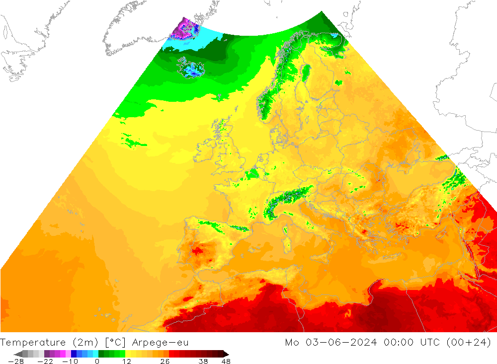 Temperatuurkaart (2m) Arpege-eu ma 03.06.2024 00 UTC