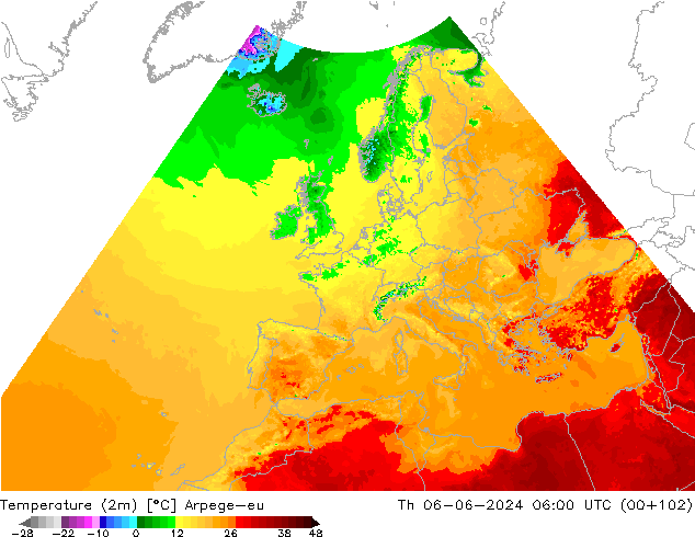 Temperatura (2m) Arpege-eu jue 06.06.2024 06 UTC