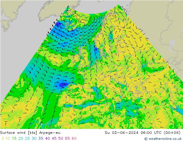 Viento 10 m Arpege-eu dom 02.06.2024 06 UTC