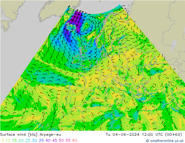 Surface wind Arpege-eu Út 04.06.2024 12 UTC