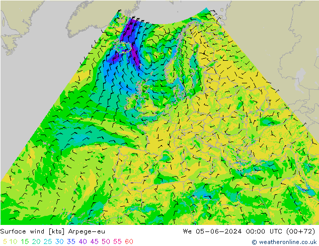 wiatr 10 m Arpege-eu śro. 05.06.2024 00 UTC