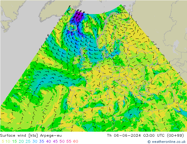 Surface wind Arpege-eu Th 06.06.2024 03 UTC