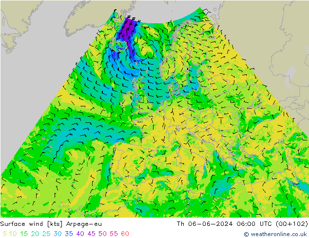 Surface wind Arpege-eu Th 06.06.2024 06 UTC