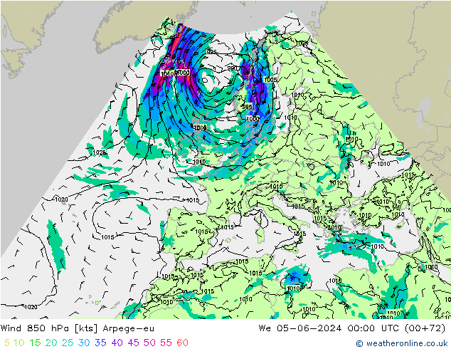 Vent 850 hPa Arpege-eu mer 05.06.2024 00 UTC