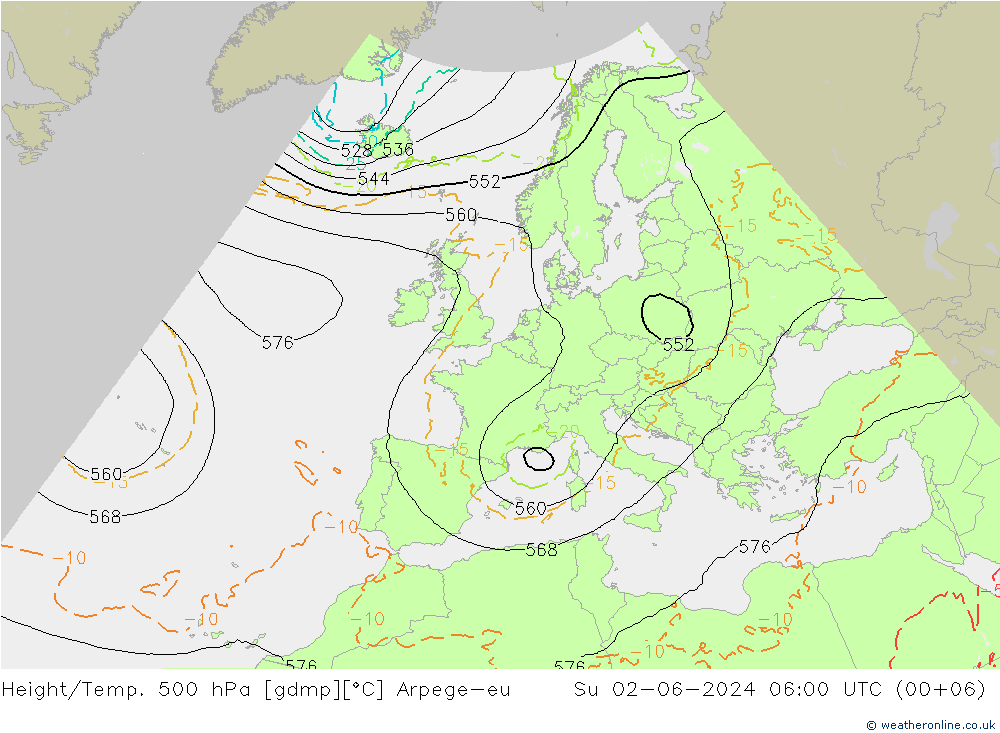 Hoogte/Temp. 500 hPa Arpege-eu zo 02.06.2024 06 UTC