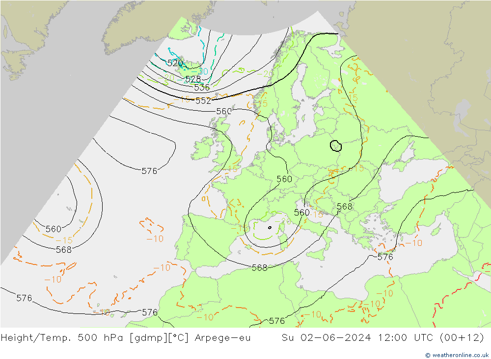 Height/Temp. 500 hPa Arpege-eu Su 02.06.2024 12 UTC