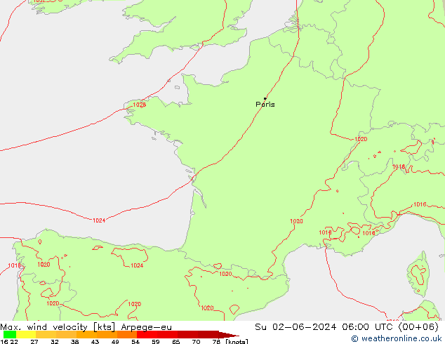 Max. wind snelheid Arpege-eu zo 02.06.2024 06 UTC