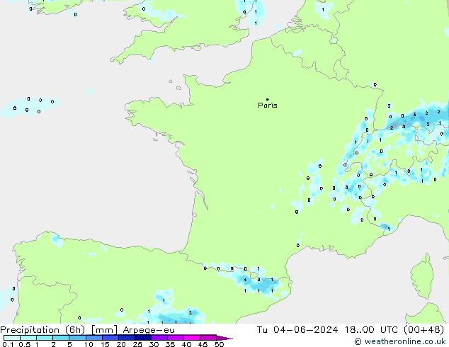 Precipitación (6h) Arpege-eu mar 04.06.2024 00 UTC