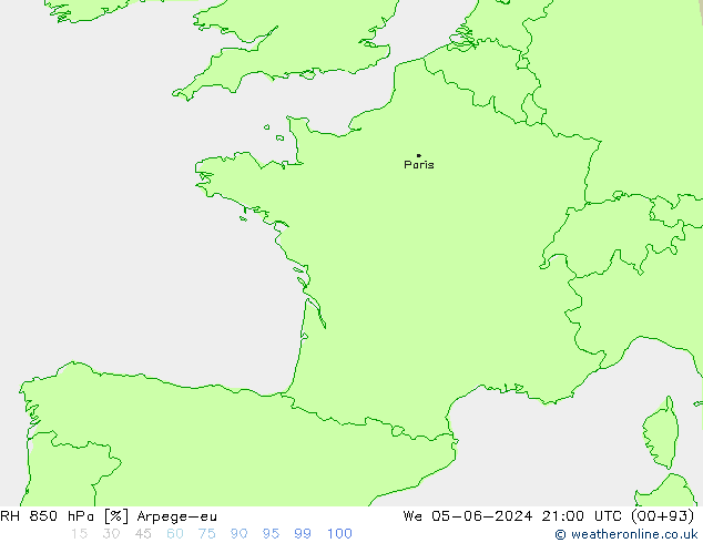 Humidité rel. 850 hPa Arpege-eu mer 05.06.2024 21 UTC