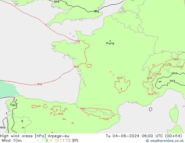 High wind areas Arpege-eu вт 04.06.2024 06 UTC