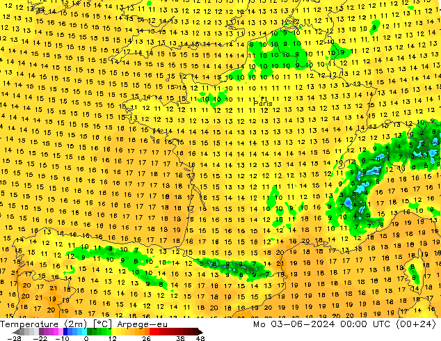 température (2m) Arpege-eu lun 03.06.2024 00 UTC
